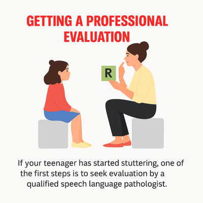 Cartoon of speech therapist evaluating child emphasizes early steps for sudden stuttering in teenager diagnosis