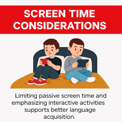 Illustration of two children using tablets, highlighting screen time impact on language development skills