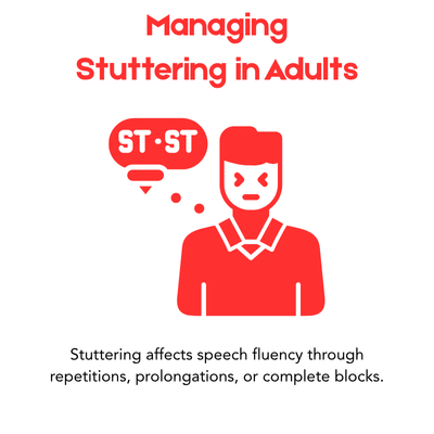 Infographic explains how stuttering in adults affects fluency with repetition and speech blocks.