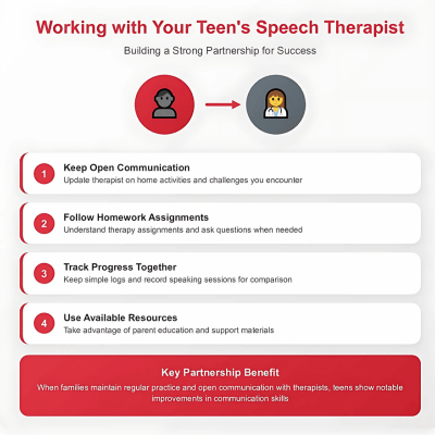 Infographic outlining parent-therapist collaboration steps for teens' speech therapy success and communication improvements at home