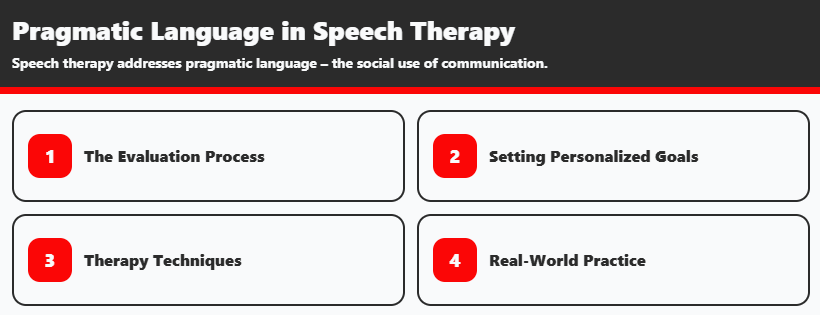 Infographic lists pragmatic language steps, evaluation goals techniques practice, explaining speech therapy services process clearly