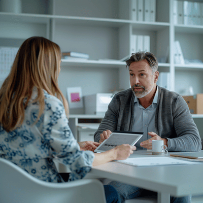 Clinician discusses assessment with parent in office, reviewing tablet notes for speech therapy Pasadena TX