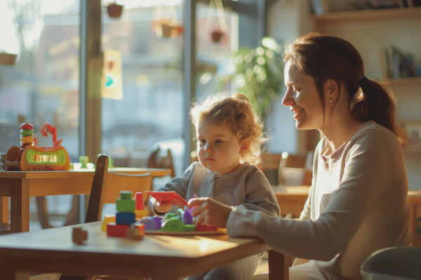 Mother plays with toddler at table using blocks, supporting speech therapy Pasadena TX skills development