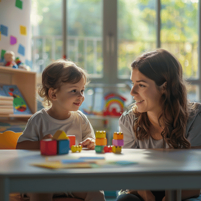 Therapist smiles with child during play-based session, modeling words for speech therapy Pasadena TX today