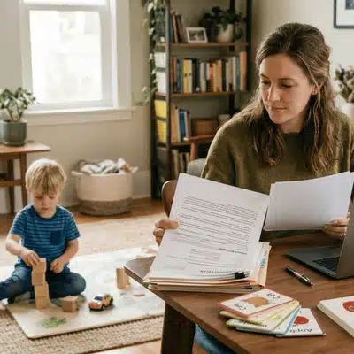 Parent reviews private speech therapy claim forms 