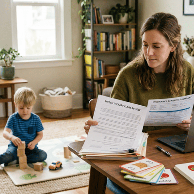 private speech therapy parent reviews claim forms while child plays nearby during home support planning