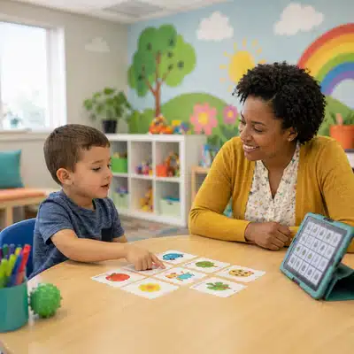 A child points to picture cards while a therapist supports children's speech therapy in a colorful clinic setting