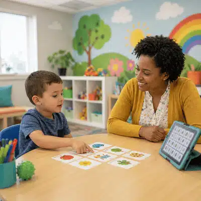 A child points to picture cards while a therapist supports children's speech therapy in a colorful clinic setting