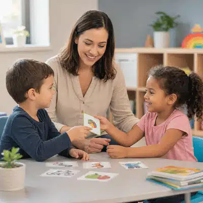 A therapist guides two smiling children through picture card activities during children's speech therapy in a playroom