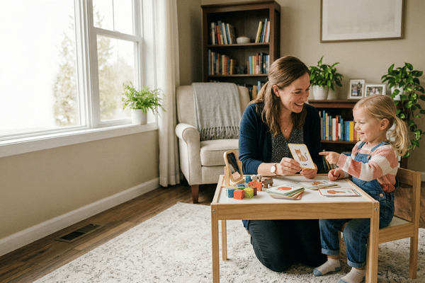 private speech therapy session shows clinician using flashcards and toys with child at home table
