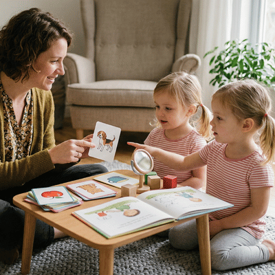 private speech therapy activity shows therapist using picture cards while two children practice words together