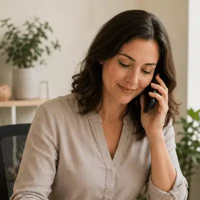 A woman calls a speech therapist near me while filling out an intake form and checking an appointment calendar