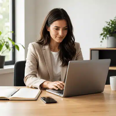 A woman searches for a speech therapist near me on a laptop while reviewing notes at a clean desk