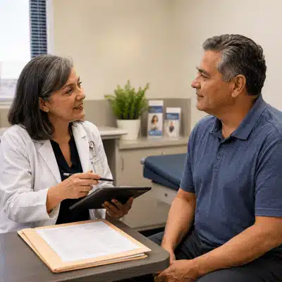 A healthcare provider discusses treatment options with an adult patient searching for adult speech therapy near me.