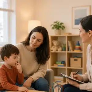 A child sits with a parent while a clinician takes notes during an assessment, showing what to expect from the best speech therapist near me