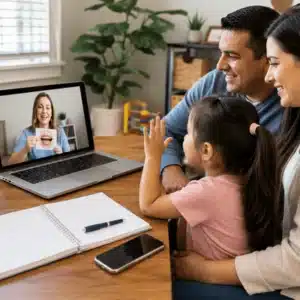 A family joins an online session with a speech therapist on a laptop for speech therapy in Texas