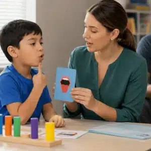 A speech therapist helps a child practice mouth sounds with a visual card during speech therapy in Texas