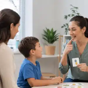 A speech therapist demonstrates a mouth exercise with picture cards while a child and parent watch, representing care from the best speech therapist near me