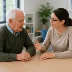 A therapist guides an elderly man through a communication exercise during speech therapy for dementia patients