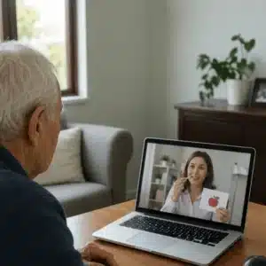 An elderly man attends online speech therapy for dementia patients while a therapist displays a picture card on a laptop