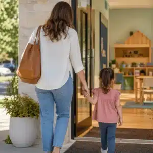 A parent walks with a young child into a clinic for speech therapy for preschoolers in a welcoming daytime setting