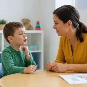 A young boy practices producing a speech sound while a speech-language pathologist observes and provides guidance for childhood apraxia of speech