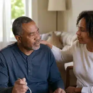 A woman provides reassurance to a man seated at a dining table as part of supportive dysphagia treatment at home