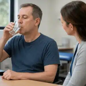 A man drinks a glass of water while a healthcare professional observes him during a dysphagia treatment assessment