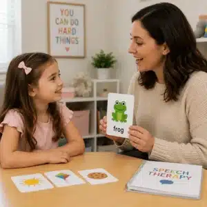 A speech-language pathologist uses a picture word card with a young girl during a childhood apraxia of speech therapy activity focused on practicing words and sounds