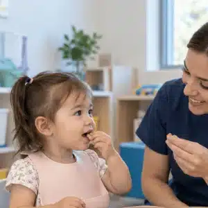 A toddler practices eating a small piece of food during feeding therapy with support from a pediatric therapist