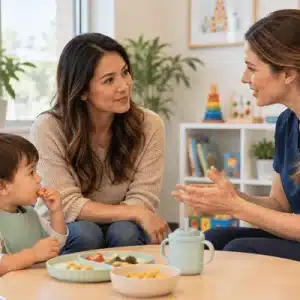 A parent speaks with a feeding therapy specialist while a toddler eats at a child-sized table during a consultation