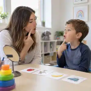 A speech-language pathologist guides a young child through speech movements using mouth cues and picture cards during therapy for apraxia of speech in children