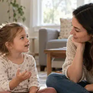 A young girl gestures while talking to a smiling woman seated on the floor in a photograph illustrating relaxed communication to support children experiencing toddler stuttering