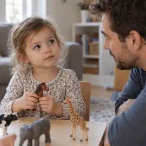 A young girl holds a toy horse while a man listens at her eye level in a photograph illustrating patient listening during conversations about toddler stuttering