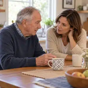 An elderly man speaks softly with his adult daughter at their kitchen table while she leans closer to hear him, illustrating communication difficulties that parkinson's speech therapy can address