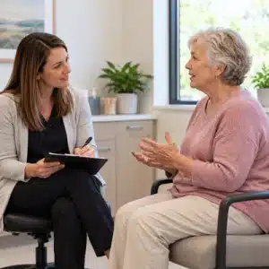 An older woman talks with a female speech-language pathologist during an initial parkinson's speech therapy evaluation while the therapist listens attentively and takes notes on a clipboard